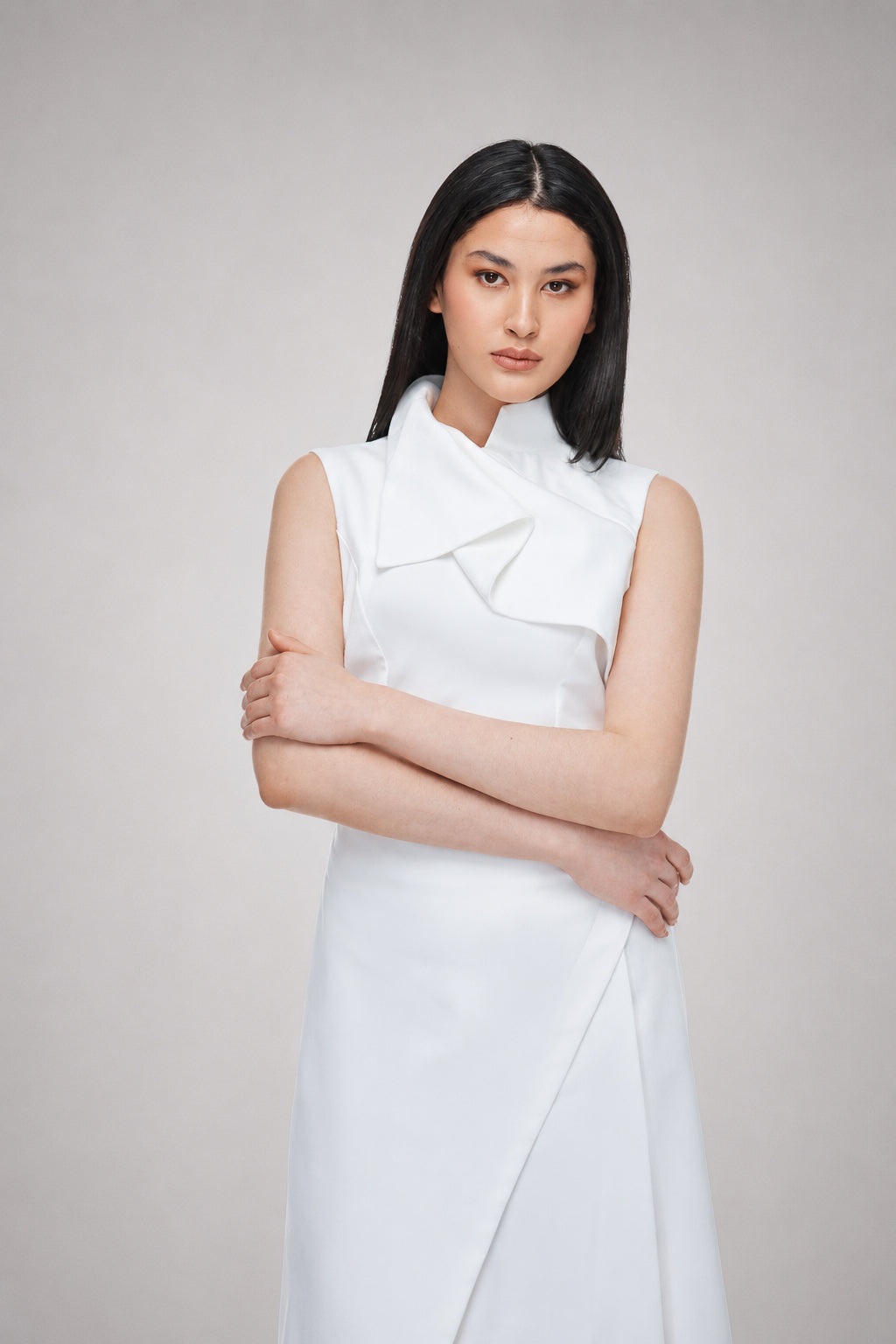 White Asymmetric Collar Dress
