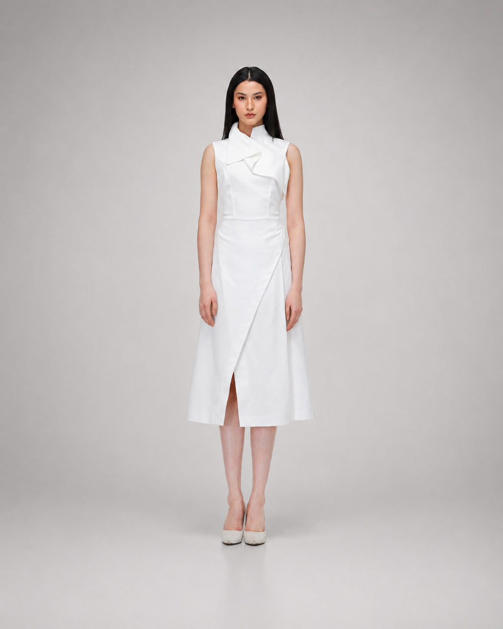 White Asymmetric Collar Dress