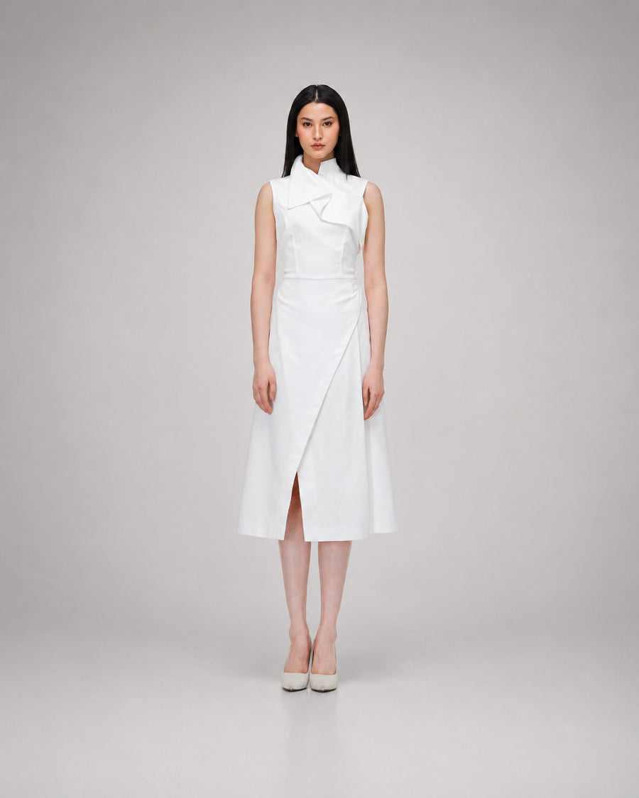 White Asymmetric Collar Dress
