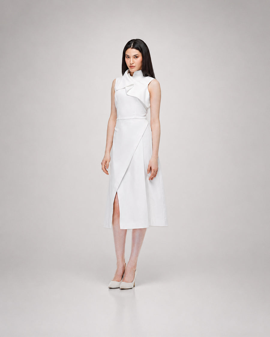 White Asymmetric Collar Dress